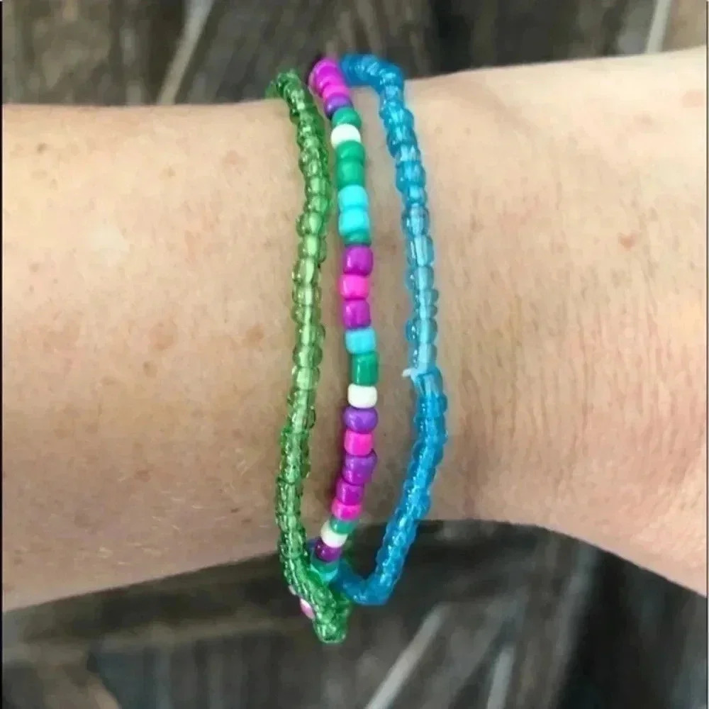 Green, Turquoise, Hot Pink Seed Bead Beaded Stretch 3 Pcs Bracelets